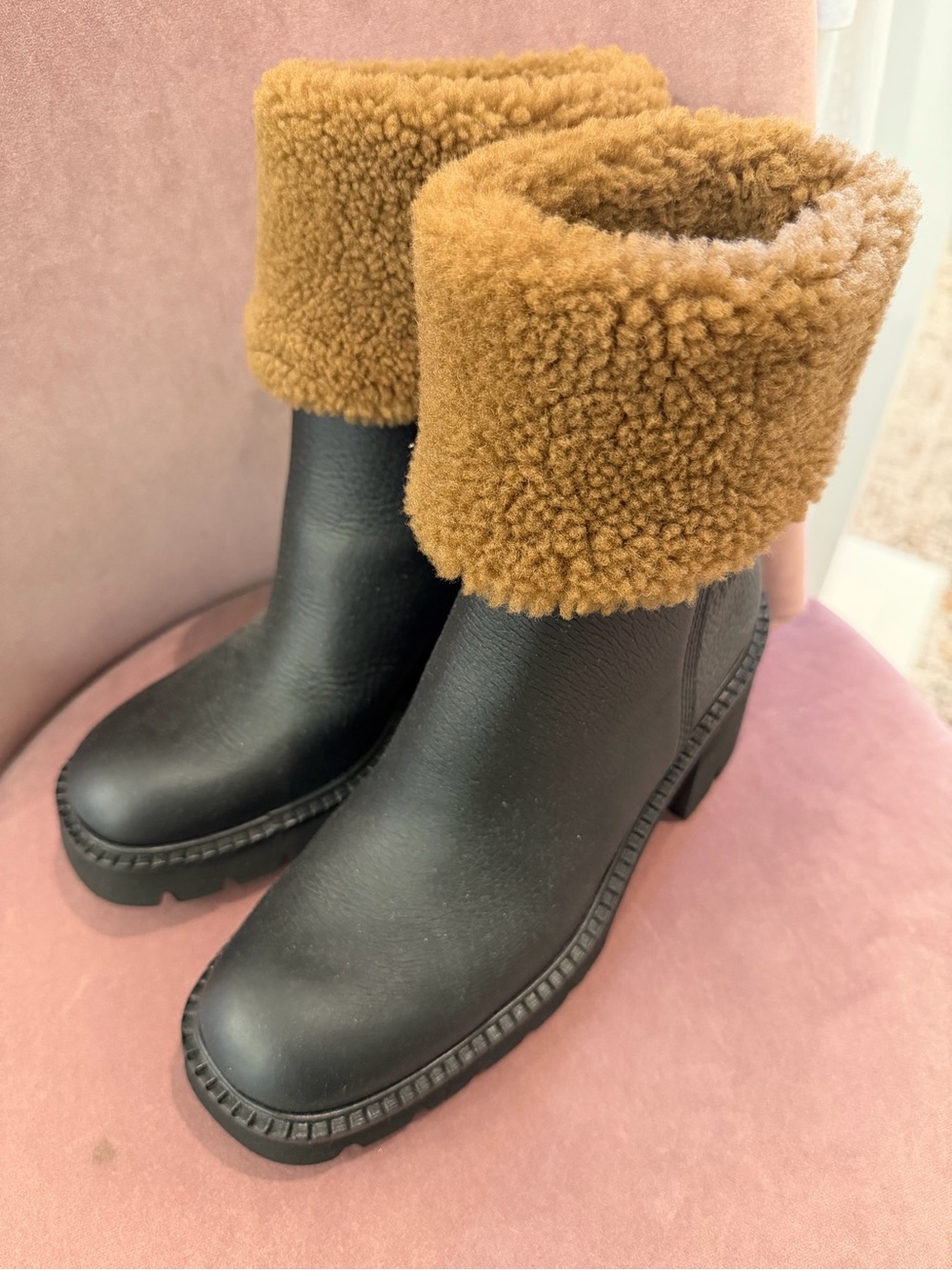 Pedro Garcia Zarela Black Leather Boots with Brown Shearling Cuff. Size 38